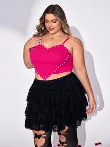 SHEIN CURVE+ Plus Size Pearls Decor Heart Pattern Asymmetrical Hem Cami Heart Tights Top,Valentine's Day Tops,Valentines,Rose,Heart,Polka Dot,Love,Lip,Cupid,3D Flower