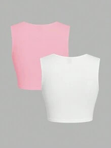 Slaydiva 2pcs Solid Color Scoop Neck Cropped Camisole Tank Top, Minimalist Style Suitable For Spring & Summer Back To School - Multicolor - View 3