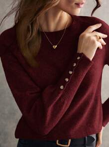 Áo len dài tay cổ tròn tay raglan màu trơn thường ngày cho nữ, mùa thu/đông - Màu Đỏ Sâu - Xem 2