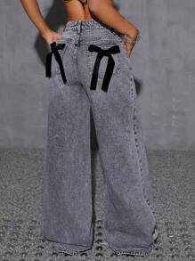 SHEIN EZwear Women's Loose Pocket Bowknot Decor Wide Leg Casual Jeans Pants