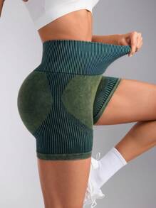 SHEIN Sports Women High Waist Striped Patchwork Casual Sports Shorts Spandex Short - Army Green - View 5