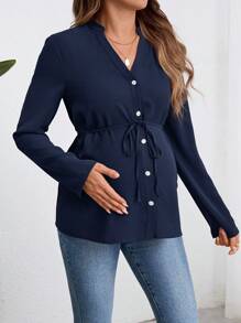 SHEIN Camisa de maternidad de manga larga, blusa con botones de color verde militar