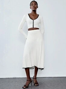 SHEIN Unity 时尚拼色针织长袖毛衣和高腰修身短裙 2 件套女士套装 - 杏色 - 查看 5