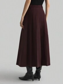 Ontre 女士 100% 羊毛中长 A 字裙，带腰带的红色褶皱中长裙，适合新年 - 酒紅色 - 查看 5