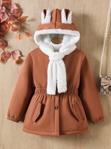 SHEIN Young Girl Hooded Rabbit Ear Fleece Jacket, Suitable For Winter - Coffee Brown - View 1