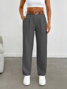 EURMUSE Women Solid Color Pleated Straight Loose Daily Casual Commuting Long Pants - Dark Grey - View 6