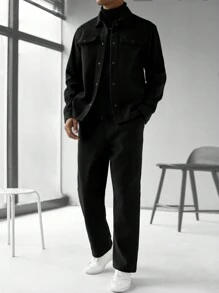 Manfinity Homme Men's Solid Color Long Sleeve Single-Breasted Casual Jacket And Pants Set