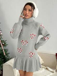 Flirla Christmas Warm And Comfortable Candy Cane Pattern Bell Sleeve Swing Hem Turtleneck Cute Women Sweater Dress - Light Grey - View 3