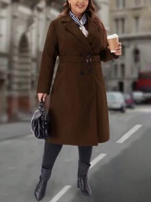 EMERY ROSE 大码女式冬季纯色缺口翻领长袖双排扣口袋优雅羊毛冬季女式大衣 - 咖啡棕 - 查看 4