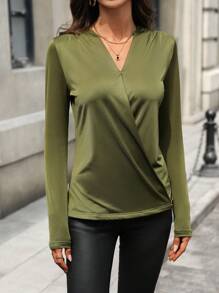 SHEIN Clasi 纯色 V 领交叉裹身优雅女士长袖 T 恤 - 綠色 - 查看 5