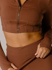 Aralina Leisurewear 巧克力色拉链高领短款运动紧身胸衣上衣 - 駝色 - 查看 4