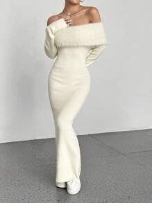 EgrlEra Off-Shoulder Long Fitted Sweater Dress, Solid Color Fall Cloth For Women - Apricot - View 1