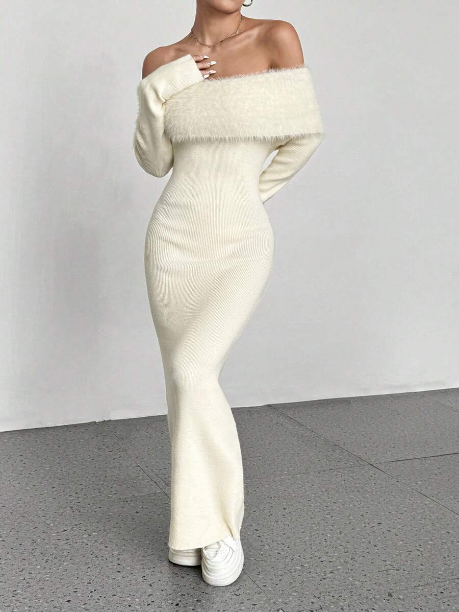 EgrlEra Off-Shoulder Long Fitted Sweater Dress, Solid Color Fall Cloth For Women - Apricot - View 1