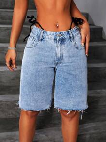 SHEIN ICON Pantalones Cortos De Pierna Recta Con Acabado Crudo Para Mujer