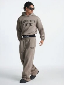 Manfinity VCAY Men's English Letter Print Loose Knit Long Sleeve Sweatshirt Set, For Fall Winter - Khaki - View 3