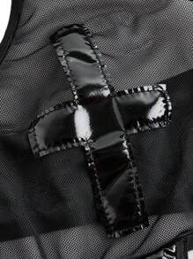 女士性感透明网眼内衣套装包括连衣裙、手套、颈带、头饰和长袜 - 黑色 - 查看 7