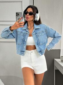 EURMUSE Women's Button Front Long Sleeve Pocket Simple Denim Jacket - Medium Wash - View 1