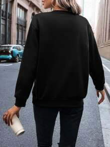 INAWLY Áo nỉ dài tay cổ tròn in hình trái tim cho nữ - màu đen - Xem 2