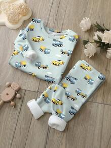 SHEIN Leap Crew Young Boy Snug Fit Casual Vintage Car Pattern Long Sleeve Round Neck Lounge Set, Comfortable Homewear For Autumn/Winter - Multicolor - View 1