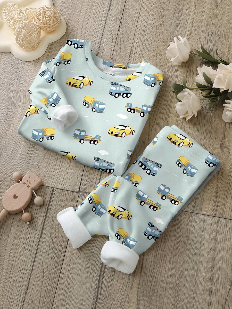 SHEIN Leap Crew Young Boy Snug Fit Casual Vintage Car Pattern Long Sleeve Round Neck Lounge Set, Comfortable Homewear For Autumn/Winter - Multicolor - View 1