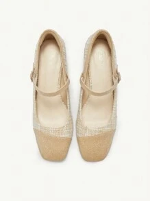 CUCCOO CHICEST 方头单带格纹面料7厘米高跟玛丽珍鞋，法式优雅情人节 - 杏色 - 查看 6