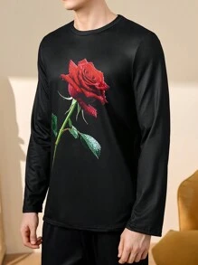 Notgurli Men's Rose Floral Pattern Pajama Shirt - Black - View 4