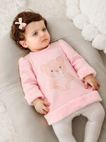 SHEIN Newborn Baby Cute Bear Print Patchwork Fluffy Warm Dress, Suitable For Outgoing In Autumn/Winter - Multicolor - View 4
