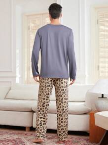 Leopard Print Letter Graphic Pullover Pajamas Set - Long Sleeve Top And Pants For Men - Dusty Purple - View 2