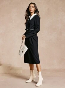 Chiquease 女士优雅修身撞色领连衣裙长款女装