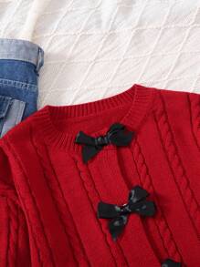 SHEIN Tween Girl Red And Black Ribbon Bow Decor Retro Textured Cardigan,Autumn Casual School Back-To-School Round Neck Loose Long Sleeve Sweater For Kids - Burgundy - View 4
