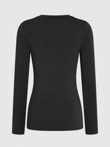 INAWLY Women's Solid Color Round Neck Long Sleeve T-Shirt Fall Cloth For Women - Black - View 2