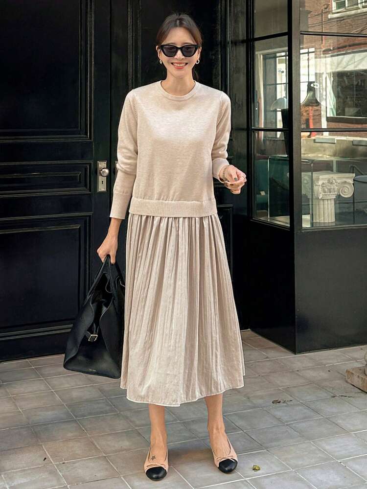 Women's Solid Color Round Neck Pleated Elegant Long Sleeve Sweater Dress,Back To School Clothes