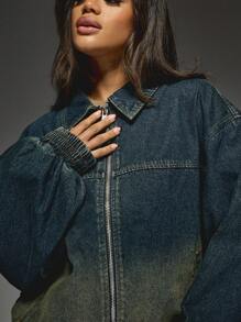MISSGUIDED Oversized Ombre Bomber Denim Jacket Elastic Waist Fall Winter Fashion Streetwear Zip Up Urban Style Outerwear Casual Dark Base Utility Coat