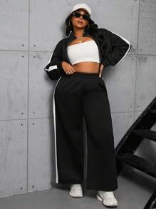 INAWLY 2pcs/Set Plus Size Stand Collar Zipper Hoodie Top And Cropped Pants - Black - View 5