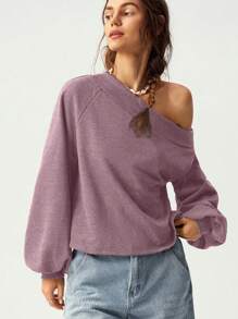 Bohemela Vacation Solid Color Knit Loose Fit Asymmetrical Neck Long Sleeve Women Sweatshirt