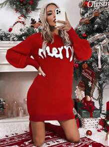 Chiquease Váy len dệt kim họa tiết chữ thường ngày thu/đông - Đỏ - Xem 3