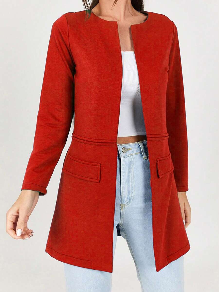 RueChic Flap Detail Open Front Coat - Red - View 1
