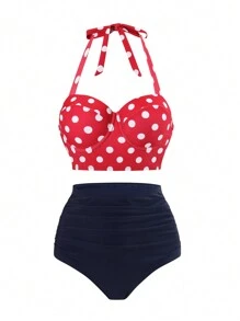 Swim Basics 女士夏季波尔卡圆点印花钢圈高腰比基尼套装，度假泳装 - 彩色 - 查看 1