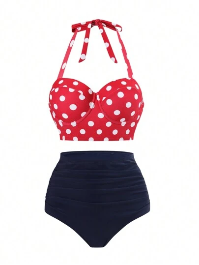 SHEIN Swim Women's Summer Polka Dot Print Underwire High Waist Bikini Set, Vacation Swimwear
