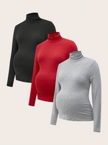 SHEIN Maternity Casual Solid Stand Collar Long Sleeve T-Shirt, Autumn - Multicolor - View 2