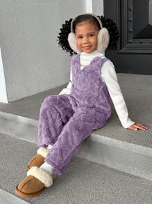 SHEIN 年轻女孩秋冬保暖内衬连体裤，舒适休闲日常穿着 - 紫色 - 查看 5