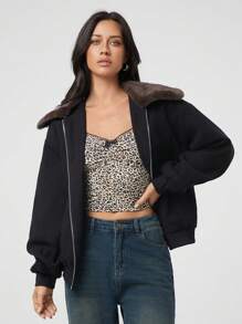 SHEIN EZwear Áo khoác thường ngày dài tay cổ lông màu đen tương phản cho nữ, mùa thu/đông - màu đen - Xem 5