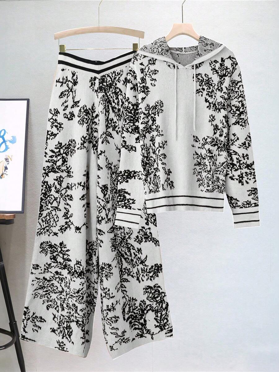 SHEIN LUNE Bộ áo len 2 món in họa tiết đơn giản màu trơn cỡ lớn cho nữ, thích hợp cho lễ Halloween, năm mới, ngày lễ tình nhân, lễ tạ ơn, giáng sinh, lễ phục sinh, ngày lễ quốc gia, tiệc đêm giao thừa - trắng - Xem 1