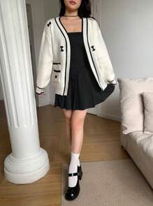 SHEIN MOD Casual Contrast Color Trim Bow Decor Cardigan, Autumn/Winter