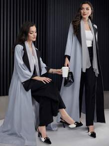 Al Najma Winter Women Gray & Black Contrast Abaya Robe With Blazer Collar - Multicolor - View 1