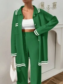 EURMUSE Women Stripe Pattern Pocket Detailed Front Button Cardigan & Sweater Pants Set - Green - View 2