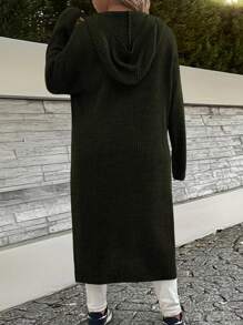 SHEIN LUNE 大码女式纯色落肩长袖休闲连帽毛衣连衣裙秋冬季 - 軍綠色 - 查看 2