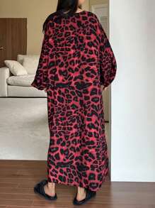 DAZY All-Over Leopard Print Tie Neck Loose Nightgown - Red - View 2
