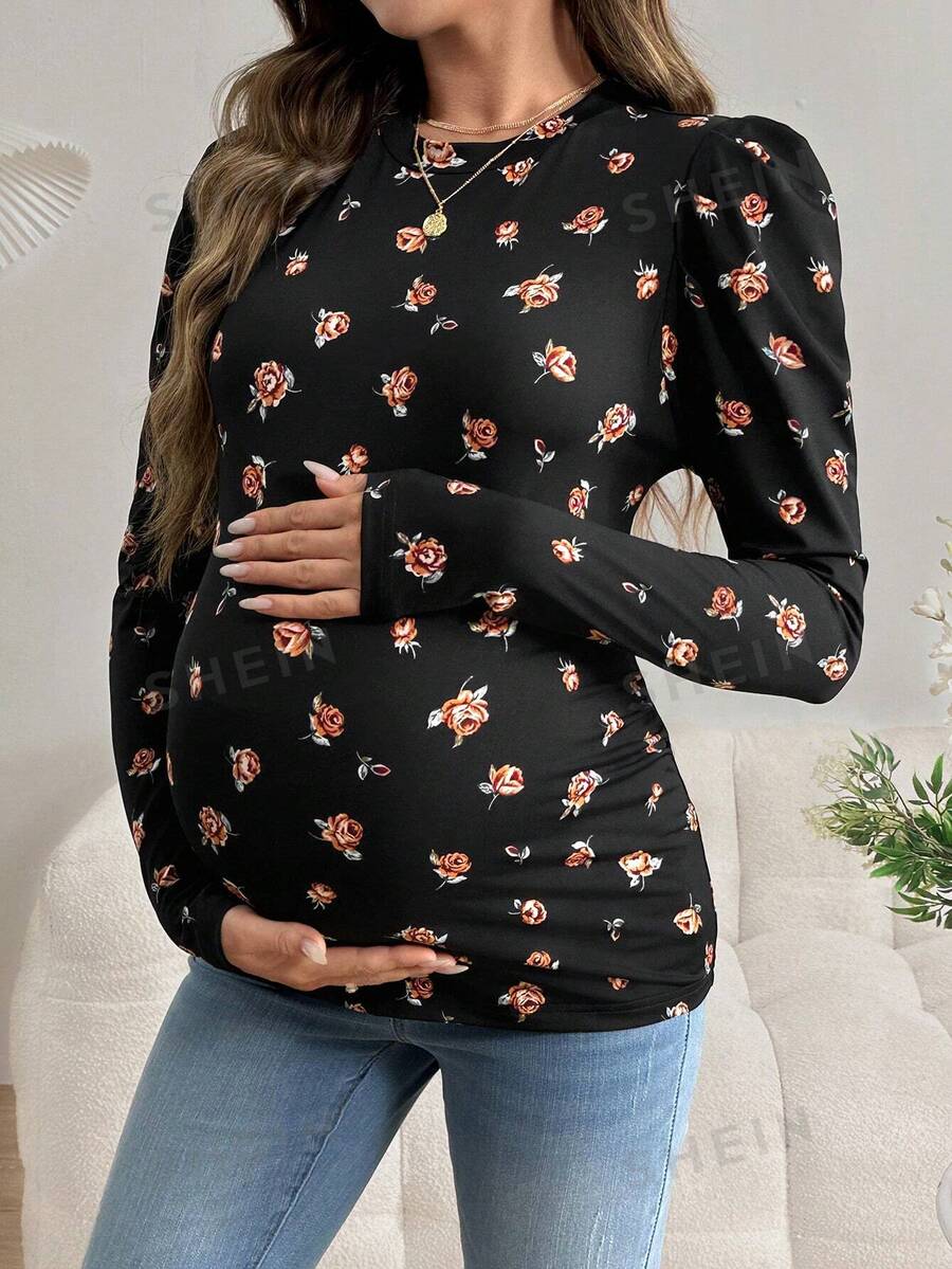SHEIN Camiseta de mujer con cuello redondo, manga abullonada y estampado floral, adecuada para primavera/verano, apta para maternidad - Negro - Ver 1