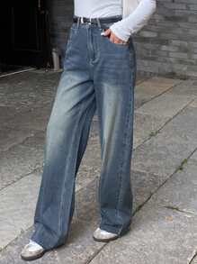 DAZY Distressed Faded Frayed Hem Pocket Straight Leg Women Jeans - Blue - View 5